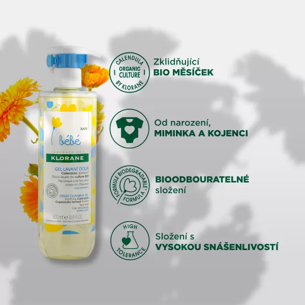 Klorane BEBE Jemný mycí gel s měsíčkem na vlasy a tělo 200 ml